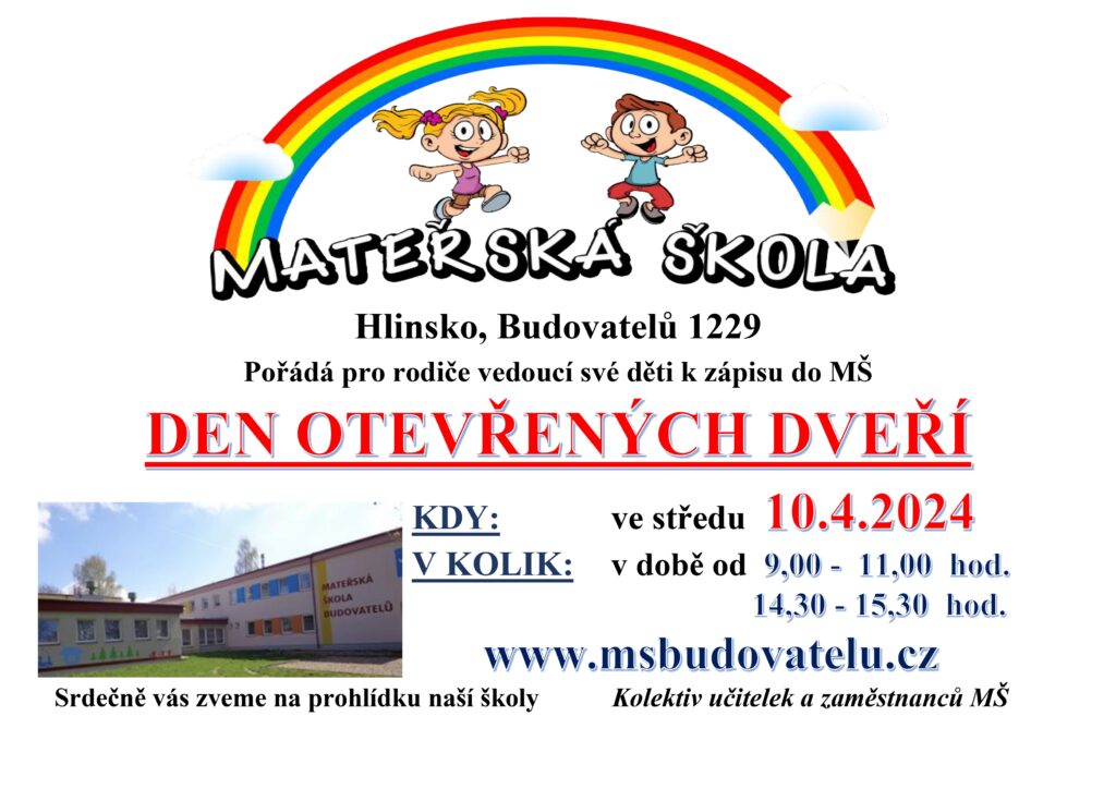 plakát jako pozvánka Den otevřených dveří, který se koná 10.4.2024 na mateřské škole budovatelů Hlinsko