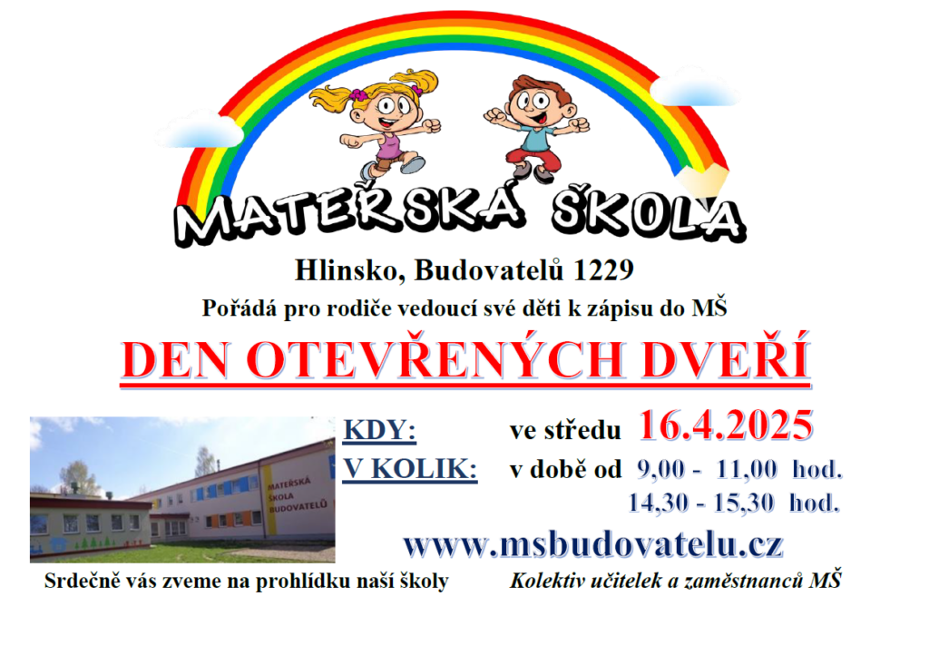 plakát jako pozvánka Den otevřených dveří, který se koná 10.4.2024 na mateřské škole budovatelů Hlinsko